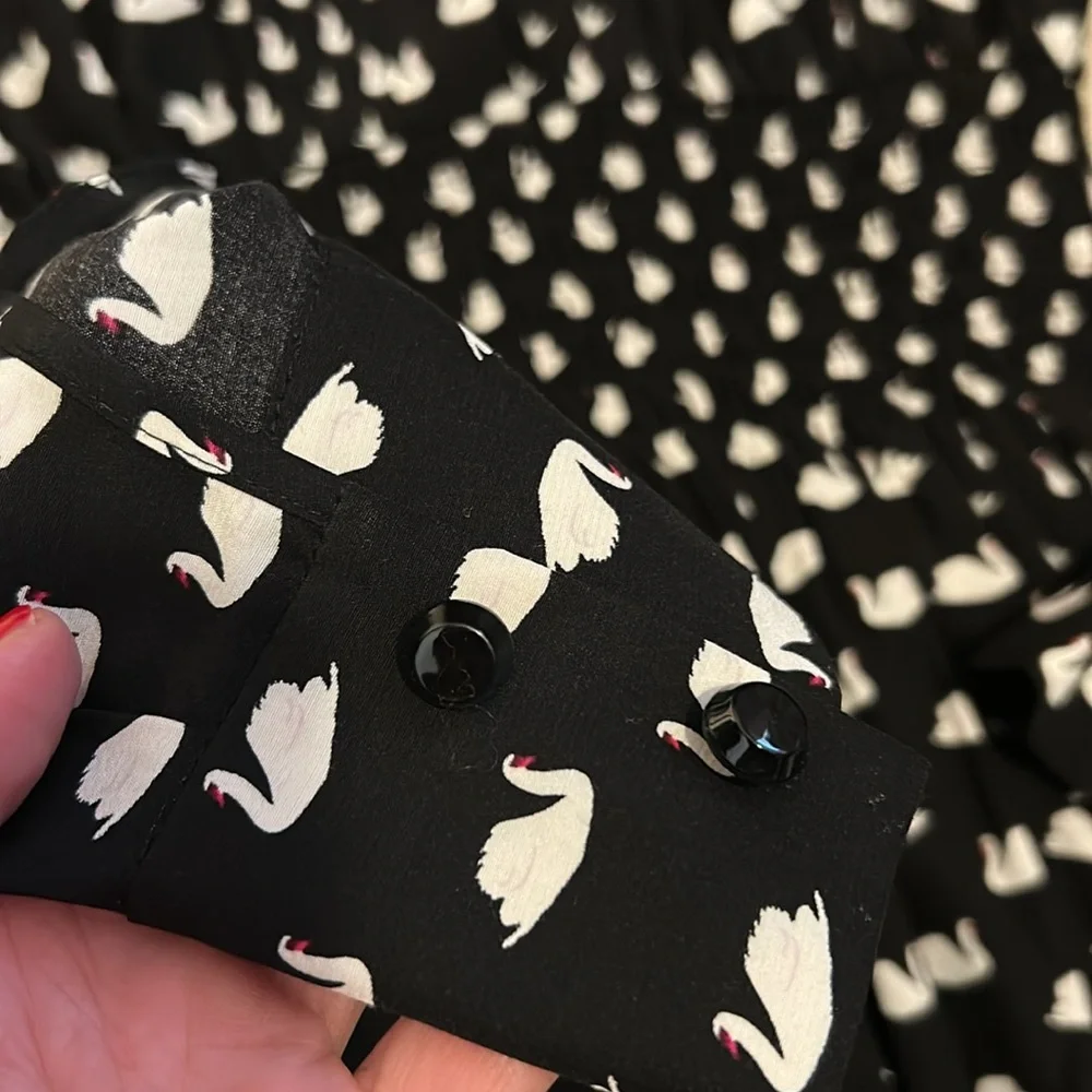 Kate Spade Swan Print Black & White Silk Rayon Dress, XS